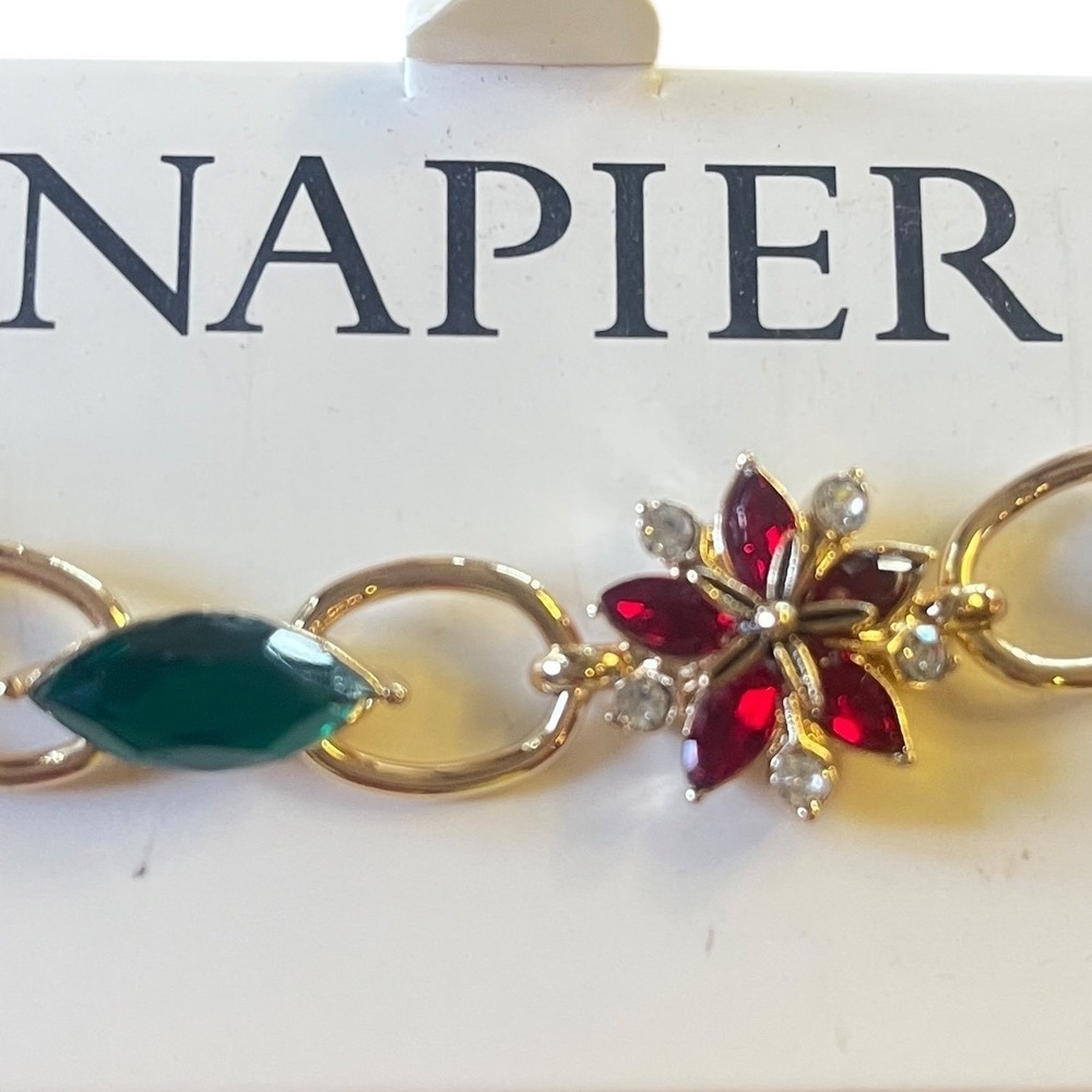 Napier Gold Tone Red Green Poinsettia Flower Crystal Chain Bracelet Boxed - Picture 1 of 6